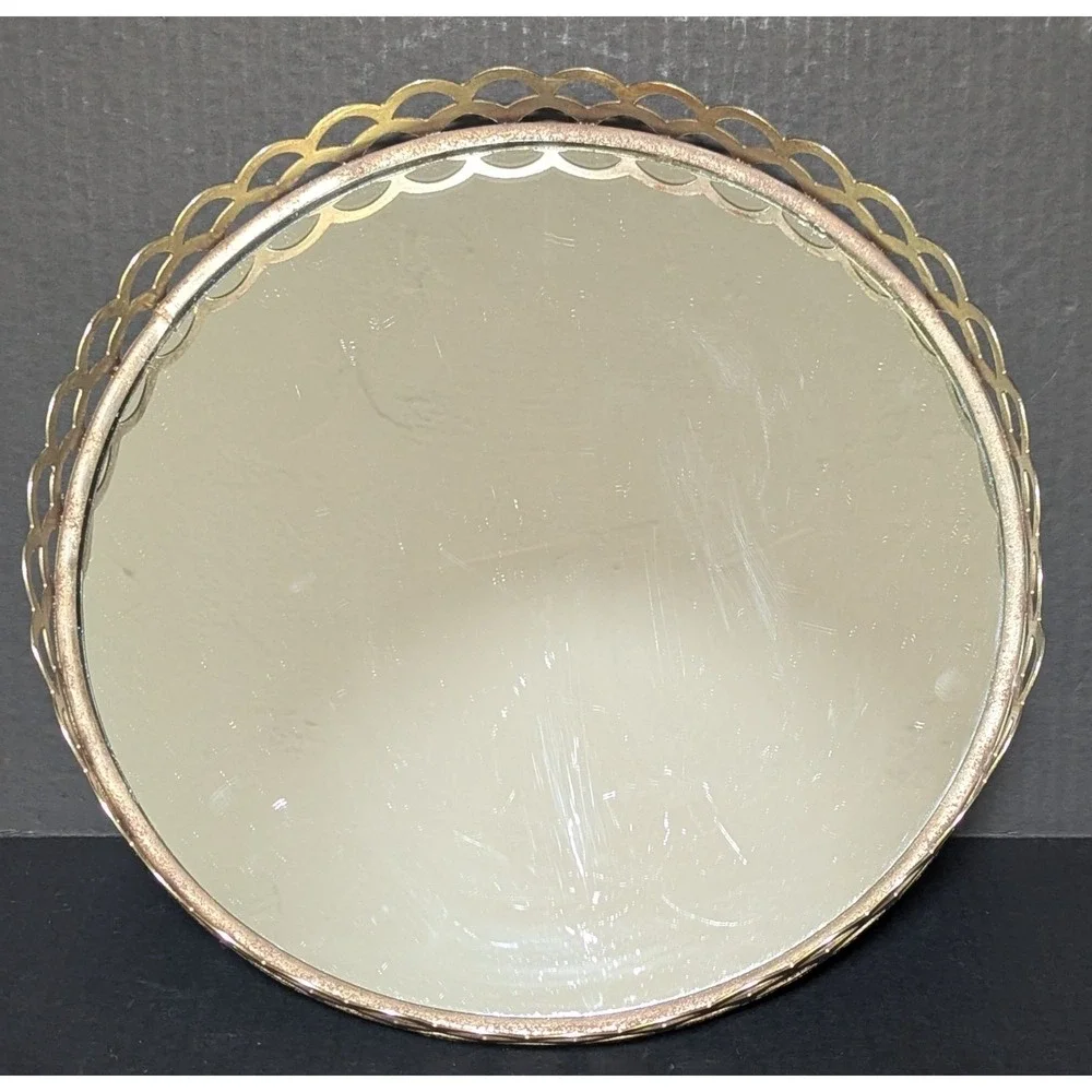 Vintage Vanity Mirror Round Scalloped Metal Lattice Frame 12